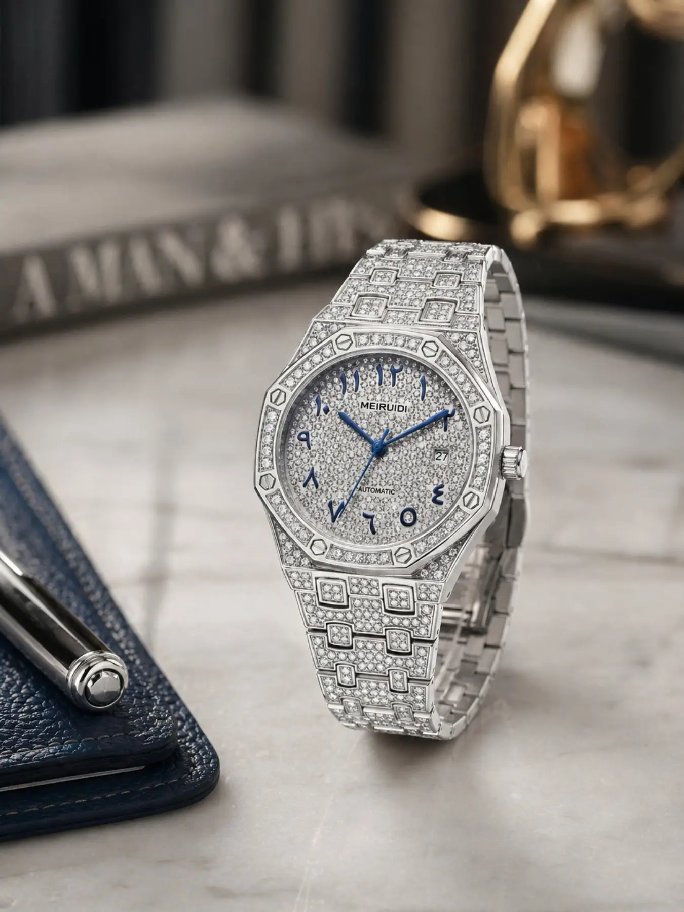 Men's Silver Color Full Diamond Dial Automatic Mechanical Watch, Stainless Steel Strap, Arabic Numerals, Casual Business Style, Stylish Watch, Fashionable Watch