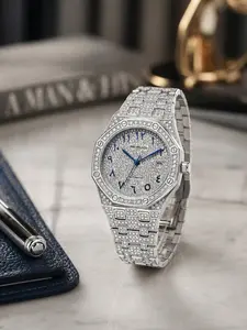 Men's Silver Color Full Diamond Dial Automatic Mechanical Watch, Stainless Steel Strap, Arabic Numerals, Casual Business Style, Stylish Watch, Fashionable Watch