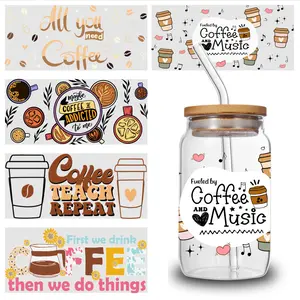 5 Sheets Coffee Teach UV DTF  UV DTF  Waterproof Decals Faithful Messages Peonies UV DTF Transfer  for Glass Cups Room Decor renovation vinyl floor house PVC Bat Wall Stickers 3D Aesthetic Trendy Water Bottle Stickers