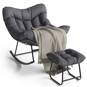 Oversized Outdoor Papasan Rocking Chair Set with Ottoman – Handwoven Rattan Egg Rocker Lounge Chair, Sturdy Metal Frame, Soft Cushion – Perfect for Patio, Balcony, Backyard, Bedroom