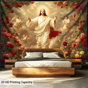 Renaissance Angel Jesus Rose Tapestry  Aesthetic Print, Polyester Wall Hanging with Free Mounting Clips, Ideal for Living Room, Bedroom, Dorm Decor, Featuring Serene Angelic Scene with Jesus and Cherubs, Dorm Room DecorArtistic Tapestry, Jesus Artwork Tap