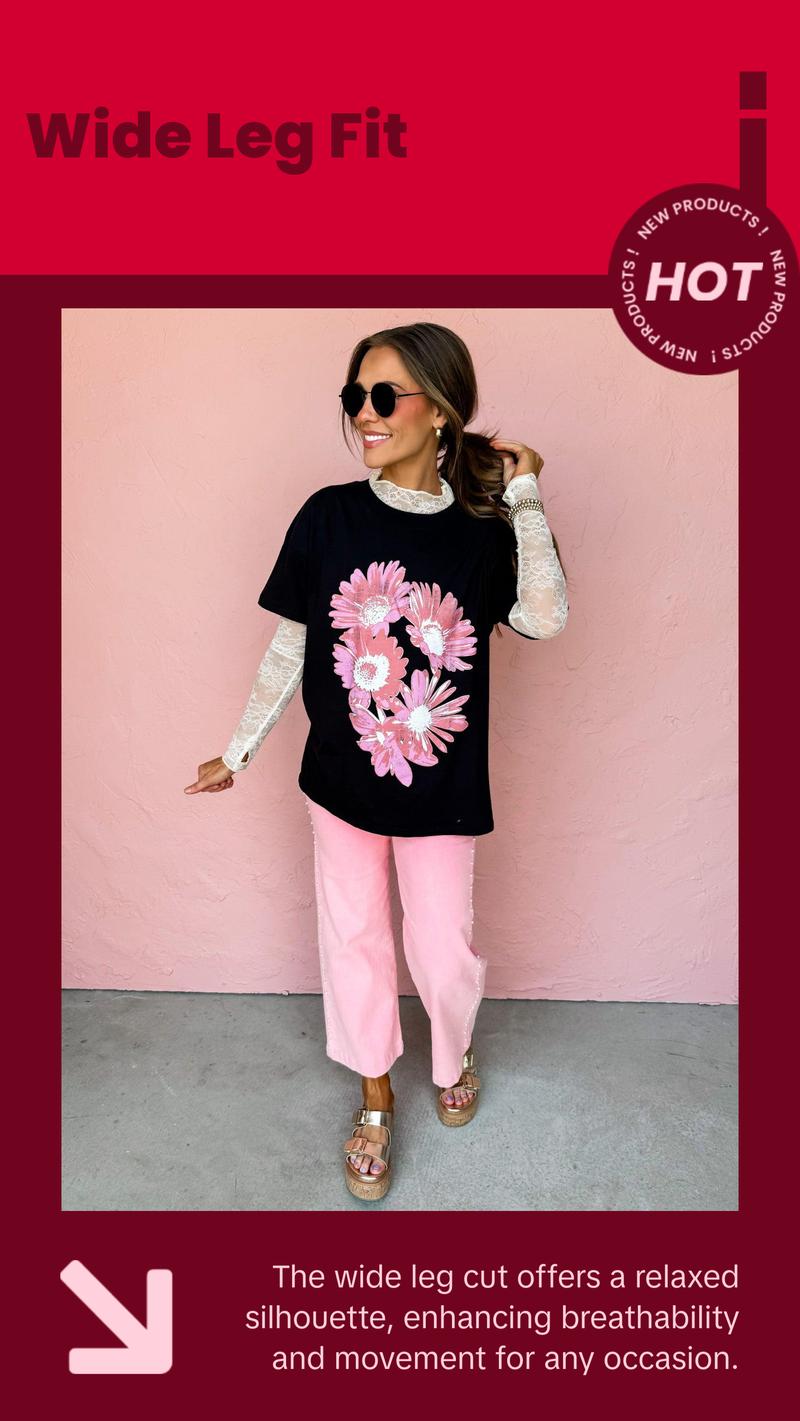 Visiting Italy Pearl Embellished Wide Leg Jeans-Pink