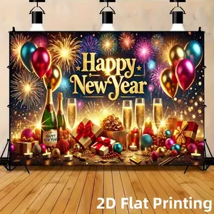 2D Flat Happy New Year Banner (1PC) - 243.84x182.88cm Polyester Material, Golden Balloons/Champagne/Gift Boxes Pattern, Power-Free Easy Setup for Home/Garden New Years Decor & Celebration Backdrop White Ornaments