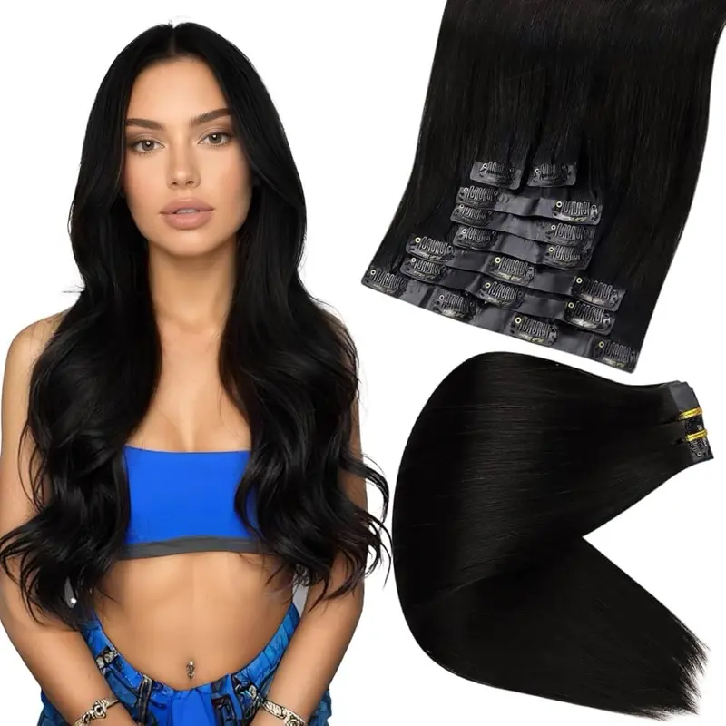 LUMEN 22" Hybrid Weft Clip In Extensions #1 Jet Black | Viral HairTok Full Volume Length Set