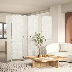 6FT Tall 6-Panel White Weave Folding Room Divider - Freestanding Privacy Partition for Bedroom, Home Office - Extra Wide Portable Floor Standing Screen for Airy Space Creation