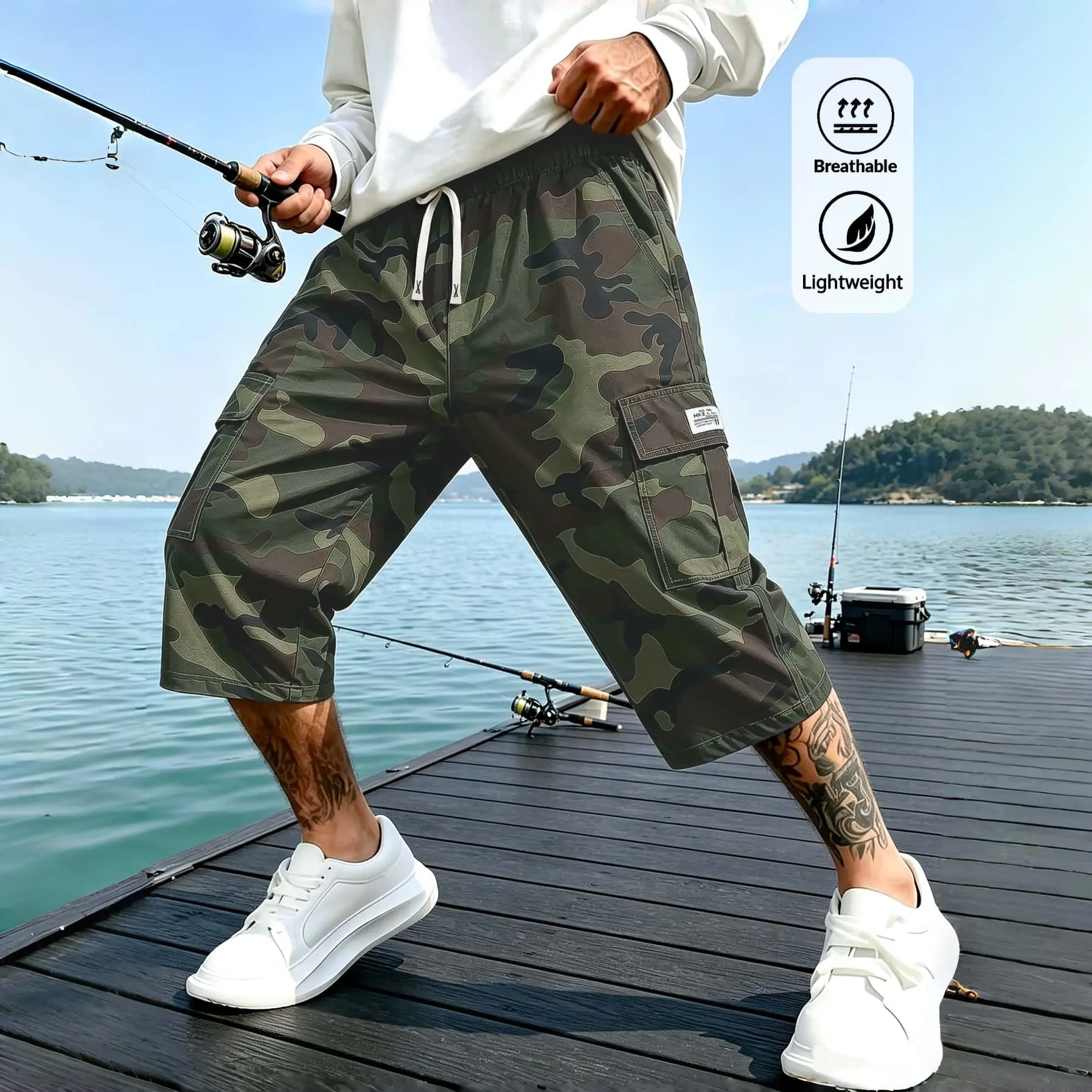 Men's camouflage work pants shorts, lightweight and breathable 3/4 long cut pants, with elastic drawstring waist and multiple work bags, loose casual cropped pants, suitable for fishing, hiking, outdoor activities, and daily street wear