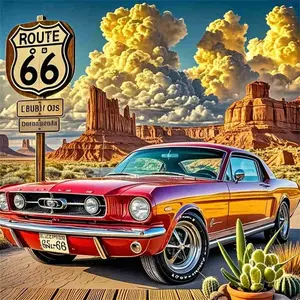 Route 66 Classic Car Diamond Painting Kit, Vintage Red Muscle Car in Desert Art, High-Quality Full Drill Round & Square Rhinestone Mosaic, 5D DIY Handmade Cross Stitch Home Wall Decor, 12x16 inch / 30x40cm