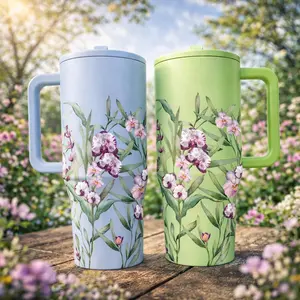 1pc 40oz Stainless Steel Floral Orchid Tumbler With Handle And Lid, Large Capacity Insulated Travel Mug With Straw, Double Wall Vacuum Flasks Cup Keeps Drinks Cold 12H Hot 6H, Spring Flower Coffee Cup For Car Office Picnic Gift For Women Mom Friends