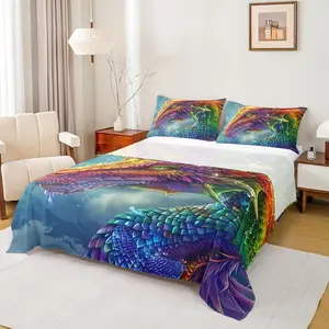 Dragon Pattern Sheet Set,Kids Colorful Dragons Bed Sheets Set,3D Dragon Bedding Set for Boys Teens Sheets Soft Room Decor (1 Flat Sheet+1 Fitted Sheet )