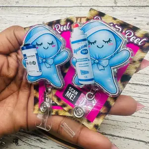 Cute Blue Glovies Glove Buddies Sparkly Retractable Badge Reel Kawaii Medical Glove Acrylic ID Holder For Registered Nurse RN LPN Gift