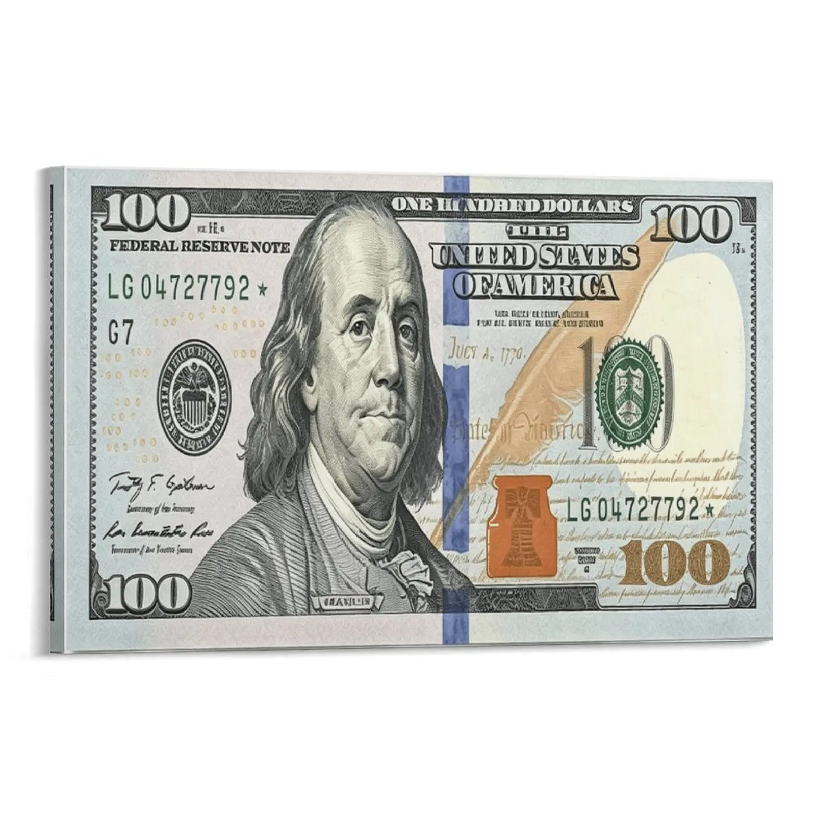Vintage 100 Dollar Bill Framed Canvas Wall Art, Benjamin Franklin Money Print Wall Decor, Trendy Wealth Aesthetic Painting For Office Bedroom Man Cave