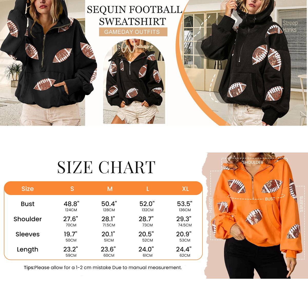 Kingapril Women's Game Day Sweatshirts Football Sequin Hoodies Tailgate Outfits Long Sleeve Zipper Sweaters with Pocket Casual Womenswear