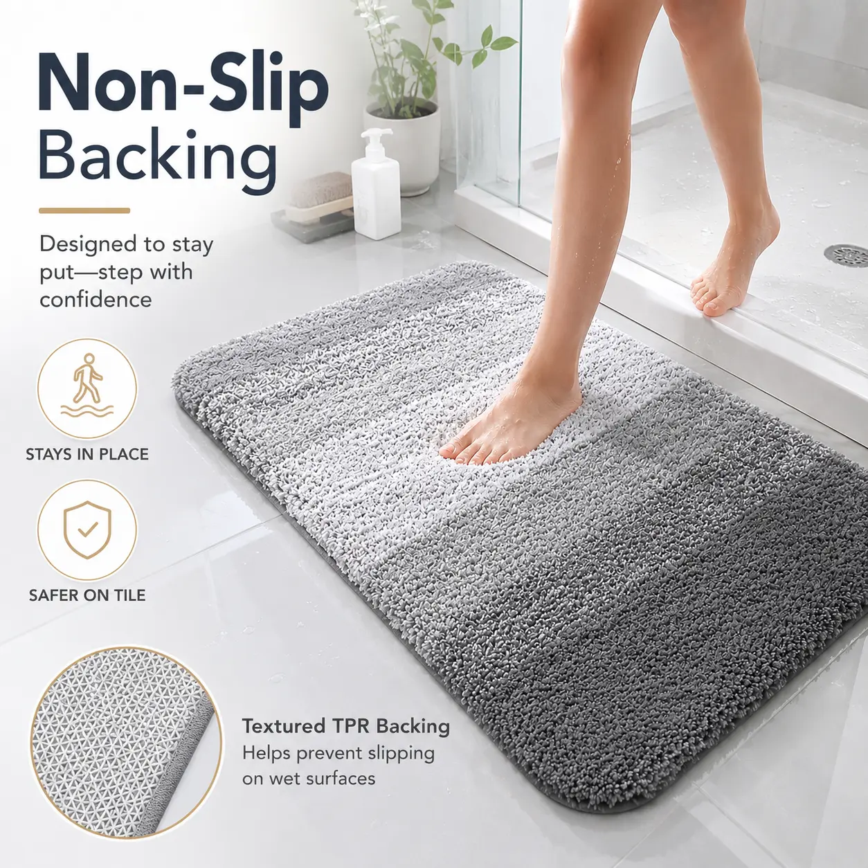 Gradient Microfiber Bath Mat, Non-Slip Absorbent Bathroom Rug with TPR Back, Machine Washable Soft Shower Floor Mat for Bathroom, Bedroom, Kitchen