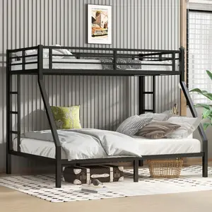 Metal Twin XL over Queen Bunk Bed for Teens and Adults Space-Saving Noise Reduced No Box Spring Needed Black Solid Construction Durable Electrostatic Powder Coating Under Bed Storage 2 Side Ladder Safety Design