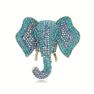 Vintage Elephant Head Brooch Pin with Colorful Rhinestones – Golden-Tone Cartoon Animal Design, Sparkling Blue & Turquoise Gemstones