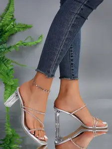 French Summer Autumn Elegant Crystal PVC Chunky High Heel Women Sandals, Square Toe, Medium Width, Perfect for Commuting Business Parties, Footwear, Elegant Heeled Sandals