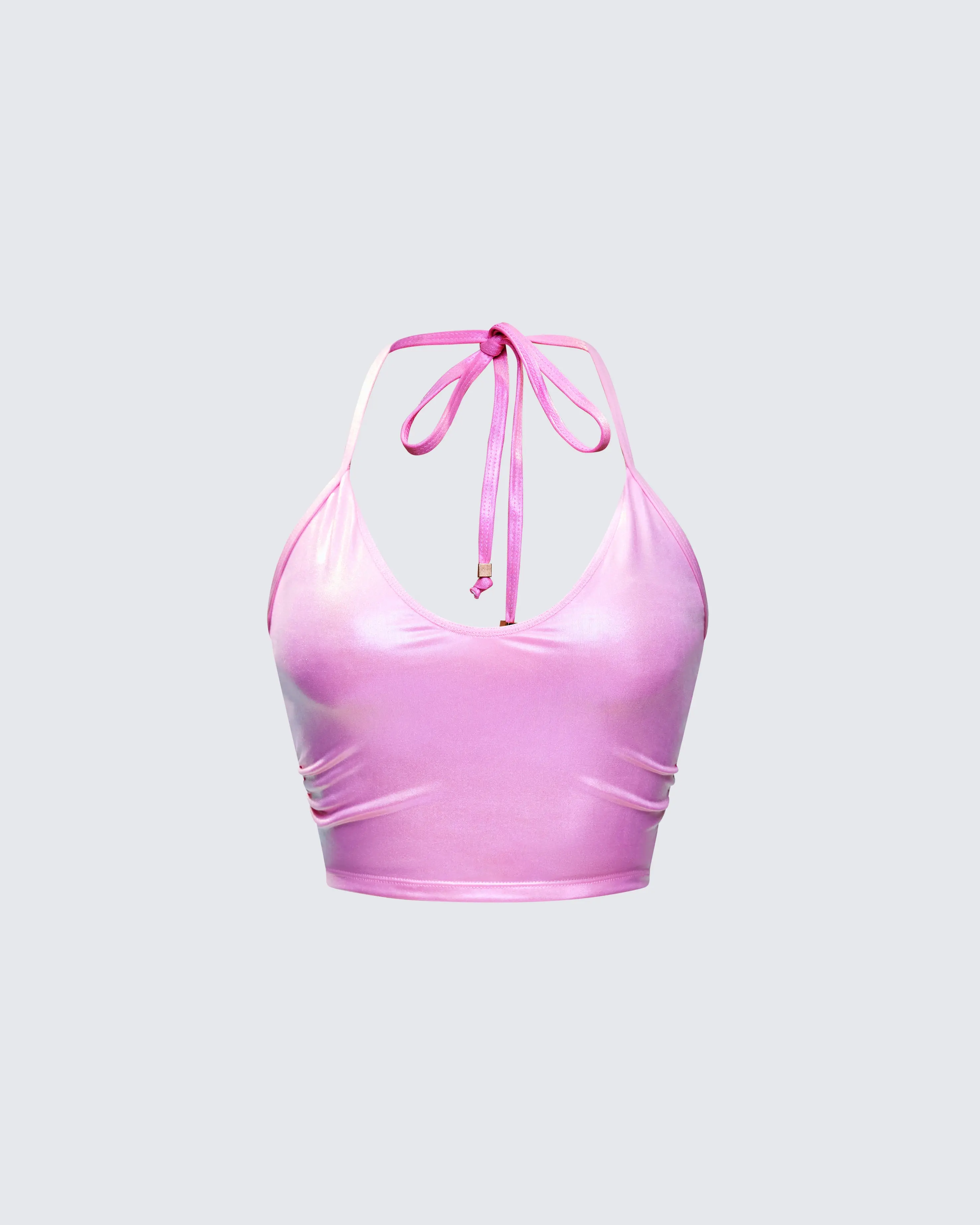 Women's Naijah Pink Metallic Tankini Swimsuit Top, Halter Neck, Fitted Cut, Metallic Fabric for Beach Swim, Female