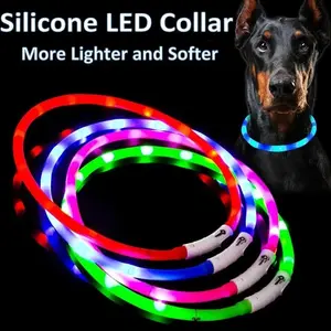 Silicone LED Dog Collar Rechargeable, Adjustable, 3 Working Modes, Night Safety Flashing, Visibility, Softest Design, Max 70cm, Anti-Lost Feature