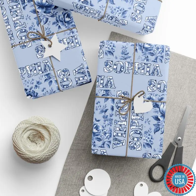 Custom Name Blue French Toile De Jouy Floral Wrapping Paper Roll, Personalized Chinoiserie All Occasion Gift Wrap Sheet Vintage Flower Party