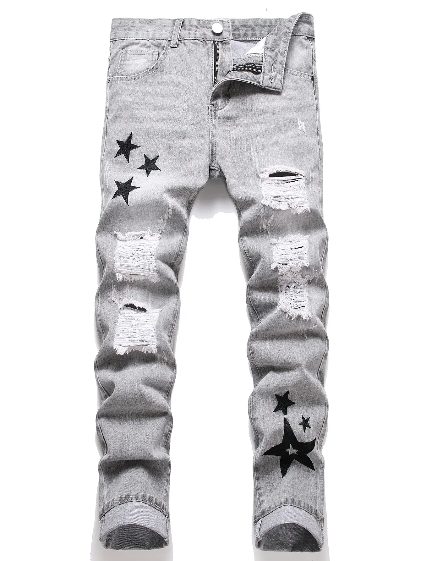 Men's Retro Ripped Embroidered Jeans Men's Straight Casual American High Street Long Pants
