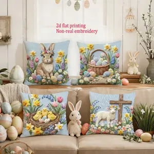 4 Piece Set Rabbit Flower Easter Pillow Covers, 45x45cm，Clear 2d printing is not 3d， Decorative Cushions with Hidden Zipper, Home Decor Floral Design Festive, Indoor Outdoor Use
