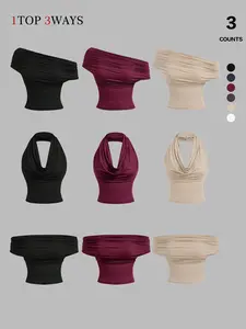 Elegant Date Night Ruched Top, 3-In-1 Convertible Design, Sexy Backless Halter off Shoulder, Spring Casual Wear, Flattering Silhouette