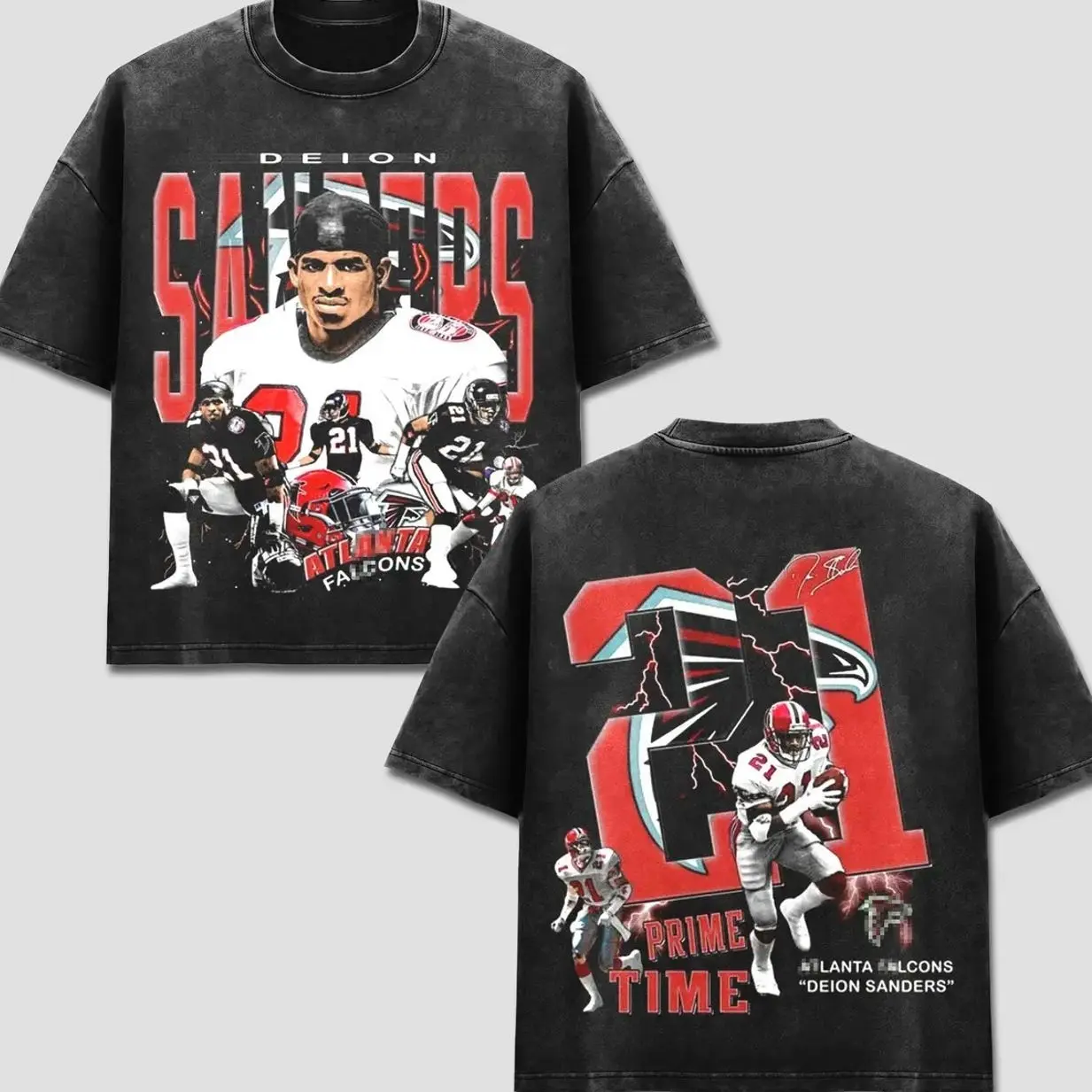 Deion Sanders 21 T-Shirt, Atlanta Team Football Tee, ATL Dirty Birds Merch, Prime Time Falcon Helmet Graphic Apparel, Retro 90s Bootleg Sports Wear, American Football Fan Heritage Gift, Men Women Heavyweight Oversized Black Acid Wash Clothing 9O0
