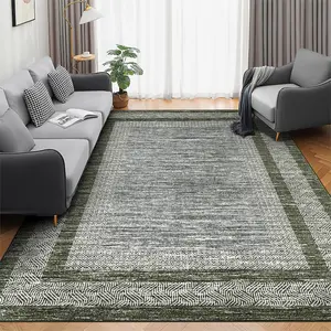 【GARVEE】9x12 Large Modern Green Area Rug Distressed Bordered Rug Soft Non Shedding Floor Carpet, Geometric Rug, Washable Non Slip Rug, Low Pile Indoor Area Rug for Living Room, Bedroom