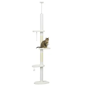 PawHut Floor to Ceiling Cat Tree with Scratching Posts, 88.5"-100.5" Adjustable Height, Cat Climbing Tower with Cloud Shape Platforms, Toy Balls, Anti-toppling Device, White
