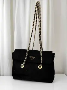 Pre-owned PRADA As Shown Shoulder Bags Shoulder Bag, Chain, Quilted, Triangle Logo, Nylon, Black MR21052026B393