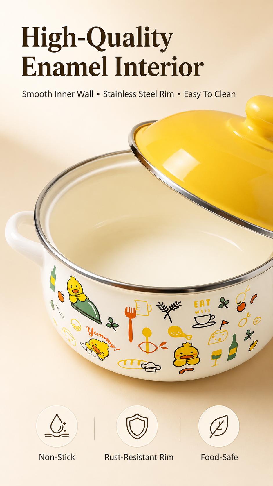 3 Piece Enamel Stock Pot Set 1L/1.5L/2.2L, Non‑Toxic Handcrafted Cookware, Multi‑Size Cute Cartoon Floral Pastel Cooking Pots, Heat Resistant Double Handles, Easy Clean Enamelware, Kitchen Essentials for Soup Stew Porridge Baby Food Family Cooking gift