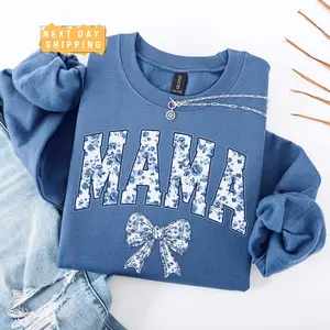 Mama Bow Sweatshirt, Blue Floral Ribbon Crewneck, Girly Aesthetic Mother’s Day Gift for Moms