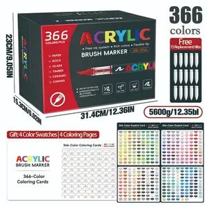 Aw-1956 Soft Tip Acrylic Markers Set, 366 Colors Full Range, Replaceable Flexible Nibs, Rich Color, Multi-Material Use, Professional Art Tools