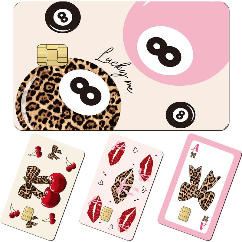 Coquete Leopard Credit Card Skin - 4 Pcs Cherry Bow 8 Ball Billiards Debit Skin Stickers Leopard Lip Print Credit Decal Cover Set for Transportation Key Debit Bus Cards Women