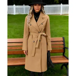 Trendy Women’s Wool Pea Coat – Elegant Lapel Collar, Double-Breasted with Belt and Pockets, Mid-Length Winter Overcoat