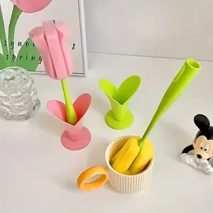 2 Pack Long Handle Sponge Brushes, Ideal for Hard-To-Reach Areas, Perfect for Baby Bottles, Pacifiers, Cups, Pots, Rainbow Color Sponges