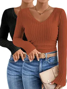 Women's V Neck Long Sleeve Slim Fit Top Set, Casual Fashionable Comfortable Two-Piece for Fall & Winter Seasons