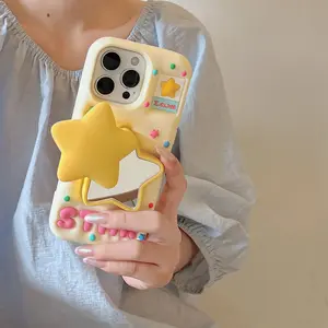 For iPhone 11 12 13 14 15 16 16e 17 Pro Max Funny 3D Star Telescopic Bracket Mirror Case Soft Silicone Stand Holder Cover