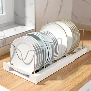 Expandable Pot and Pan Organizer Rack for Cabinet, Pot Lid Organizer Holder with 7 Stainless Steel Adjustable Dividers for Kitchen Cabinet Organizer and Storage (White)，Under Sink Organizer for Deep Cabinets, Declutter Kitchen Countertop