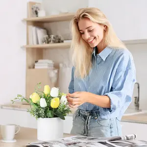 Artificial Flowers Real Touch Tulips  in Glass Vase with Faux Water, Fake Tulip Bouquet for Home Decor and Dining Table Centerpieces (White Yellow)
