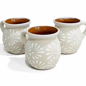 Mexican Terra Cota 4pc White Feathered Coffee Mugs 4 Tazas de Barro Mexicano Handmade Talavera Jarritos Plumeado 12oz