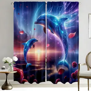 Dreamy Dolphin Pattern Curtains, Romantic Art Style Print Rod Pocket Curtains, Polyester Fiber Material, 2 Piece Set for Living Room Bedroom Decor, Window Curtain