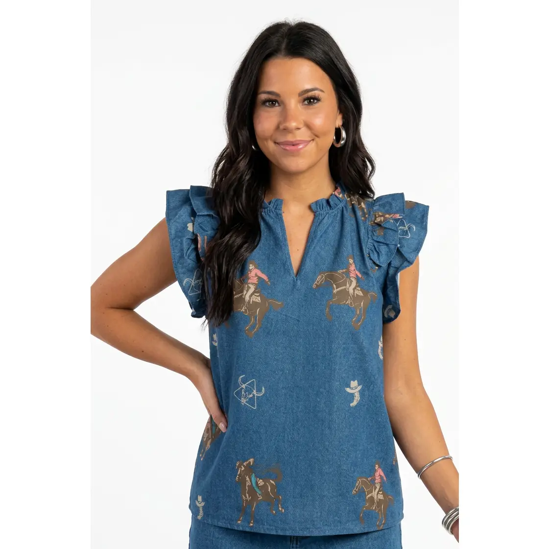 Mid Wash Cowboy Printed Ruffle Western Sleeve Top