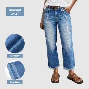 Flamingals Wash Raw Hem Ripped High Waist Flare Leg Crop Jeans Womenswear Stretchy 24.6" Inseam