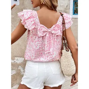 SHEIN LUNE Women's Casual Ditsy Floral Print Bow Back Ruffled Short Cap Sleeves Shirt, Daily Wear, Spring/Summer Cute Tops Summer Tops Crop Tops Shirts Women Vacation Outfits Women Going Out Tops