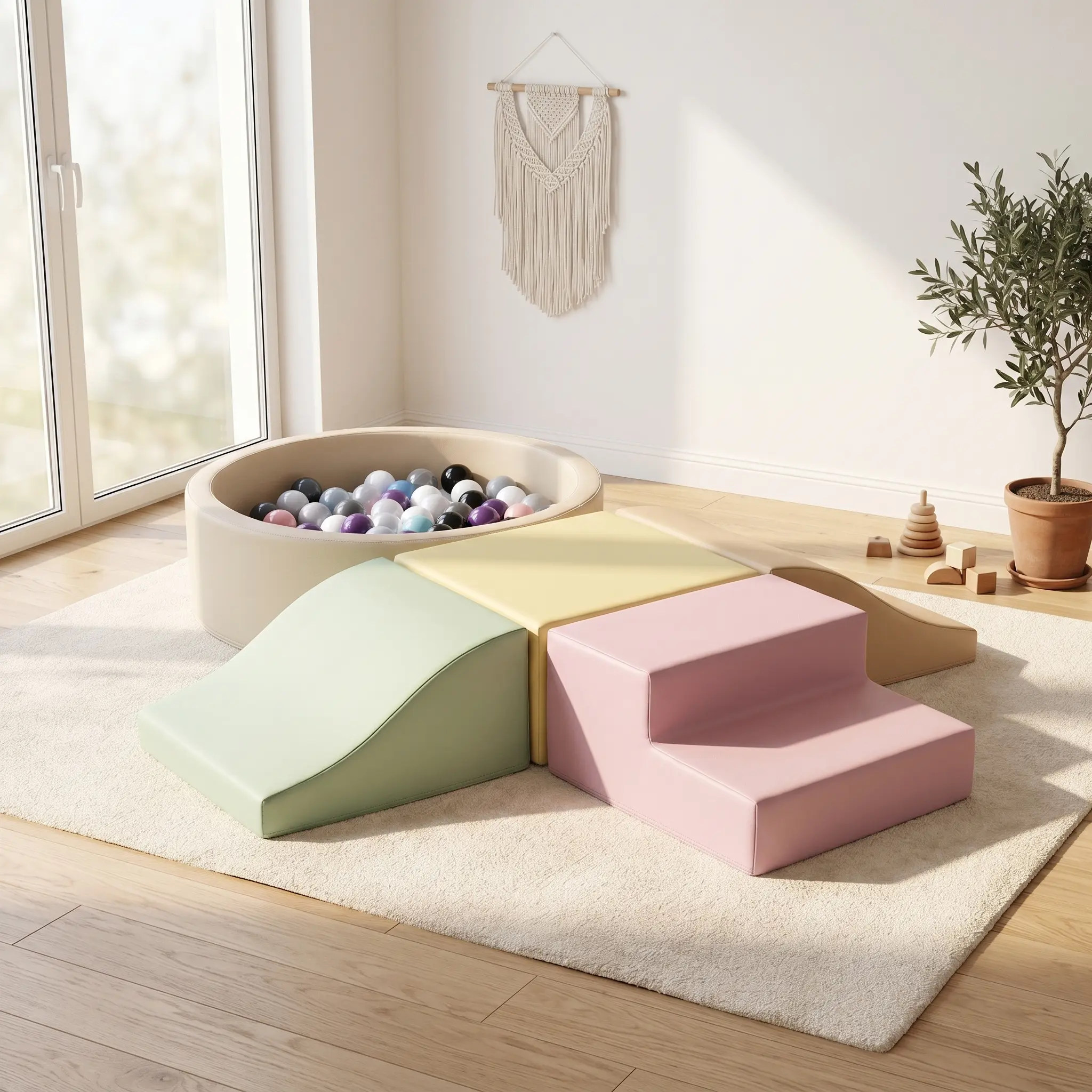 Apojungle Soft Foam Climbing Set with Ball Pit - 5-Piece Pastel Modular Play Structure, Wipe-Clean PU Leather Toddler Climber & Ball Pit Combo for Indoor Sensory Play,Cute Pastel Colors, Perfect for Nursery & Playroom, Ideal Gift for Toddlers