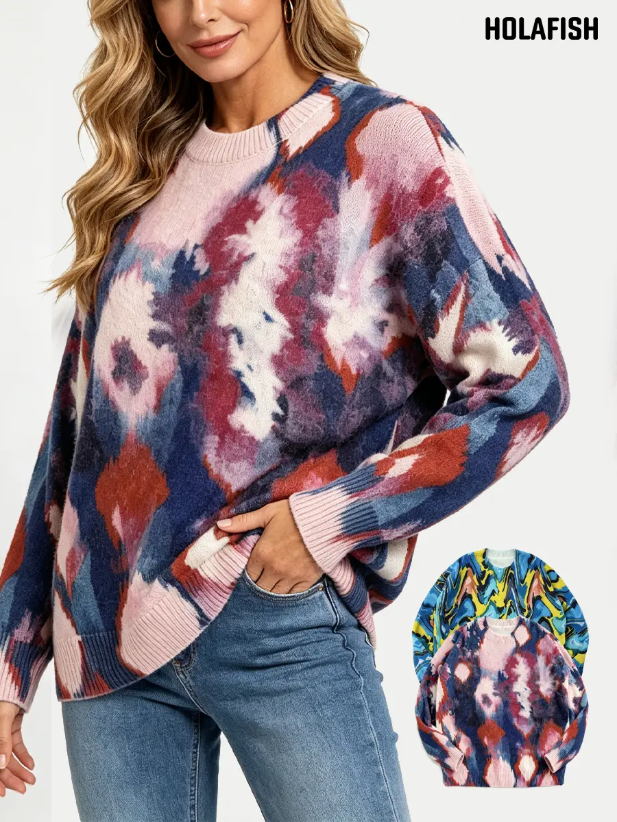 Holafish Women Oversized Fuzzy Crewneck Sweater All Over Print Relaxed Fit Long Sleeve Knit Pullover Soft Fluffy Slouchy Casual Boho Top For Fall Daily Street Weekend Layering Outfits