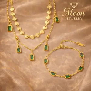 Luxury Arabic Emerald Jewelry Set – 18K Gold Stainless  Steel | Waterproof & Tarnish Resistant. طقم زمرد ذهبي فاخر – ستانلس ستيل مقاوم للما