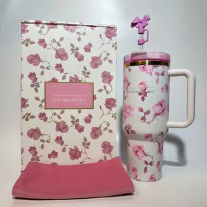 LoveShackFancy 40oz Stainless Steel Insulated Tumbler bottle Set with Floral Design Handle Lid & Straw Perfect Valentine's Day Gift for Her Him friends gift exchange birthday gifts
