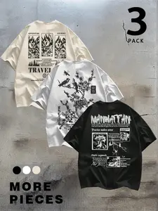 Men's 3-Pack Graphic Tee Bundle | Streetwear T-Shirts with Japanese Bird & Mountain Art | Vintage Summer Tops for Daily Casual & Travel | Urban Aesthetic Graphic Short Sleeve Tees